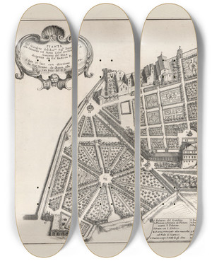 Triptych art skateboard deck of Giovanni Battista Falda Li Giardini Di Roma Con Le Loro Piante Alzate E Vedvte In Prospettiva Pl17 by Giovanni Battista Falda (1643-1678)