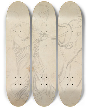 Triptych art skateboard deck of William Pars Figures With A Bull From Parthenon Frieze by William Pars (1742-1782)