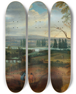 Triptych art skateboard deck of Adriaen Van Stalbemt An Extensive Hilly Landscape With A River by Adriaen Van Stalbemt (1580-1622)