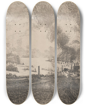 Triptych art skateboard deck of Joseph Pennell Ready To Start by Joseph Pennell (1857-1926)