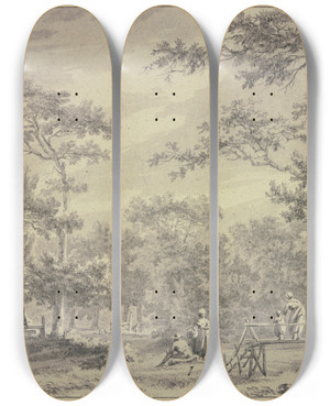 Triptych art skateboard deck of Paulus Van Liender Waldlandschaft Links Ein Haus Rechts Ein Steg Ber Welchem Eine Frau Ein Kind Fhrt by Paulus Van Liender (1731-1797)