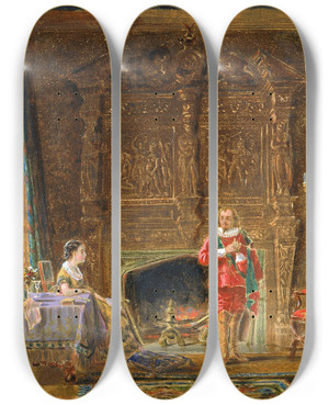 Triptych art skateboard deck of Edward Lamson Henry Interior by Edward Lamson Henry (1841-1919)