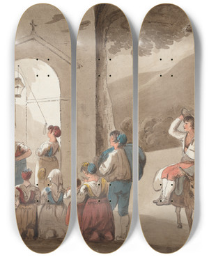Triptych art skateboard deck of Isaac Weld After Pinnelli Group Of Peasants Outside A Church by Isaac Weld (1774-1856)