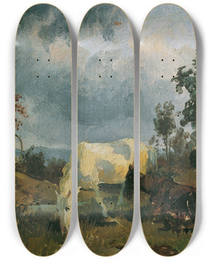 Triptych art skateboard deck of Friedrich August Matthias Gauermann Ein Schimmel Auf Der Heide by Friedrich August Matthias Gauermann (1807-1862)