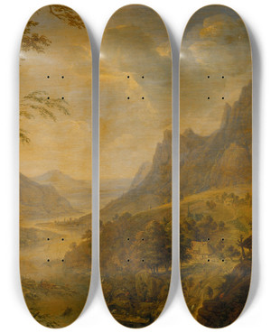 Triptych art skateboard deck of Herman Saftleven Iii Mountainous Landscape With A River In The Foreground A Village With Several Boats Moored At The Bank by Herman Saftleven Iii (1609-1685)