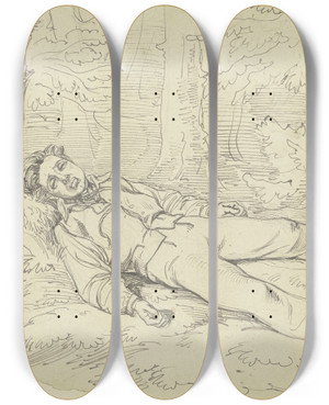 Triptych art skateboard deck of Ferdinand Fellner A Hanged Man Lying In The Forest by Ferdinand Fellner (1799-1859)
