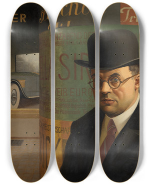 Triptych art skateboard deck of Georg Scholz Selbstbildnis Vor Der Litfasule by Georg Scholz (1890-1945)