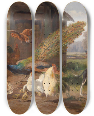 Triptych art skateboard deck of Carl Jutz Hund Im Geflgelhof by Carl Jutz (1838-1916)