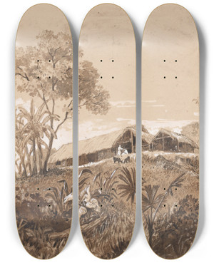 Triptych art skateboard deck of Michel Jean Cazabon Cottage At Tamana by Michel Jean Cazabon (1813-1888)