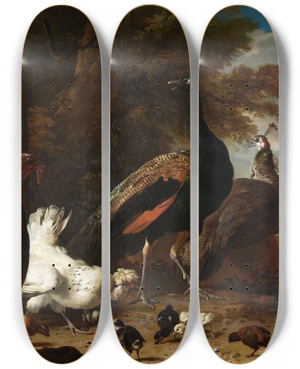 Triptych art skateboard deck of Melchior Dhondecoeter A Hen With Peacocks And A Turkey by Melchior d'Hondecoeter (1636-1695)