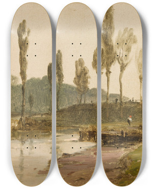 Triptych art skateboard deck of Ludwig Willroider Forest Landscape With Water by Ludwig Willroider (1845-1910)