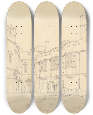 Triptych art skateboard deck of Henry Edridge Queen Elizabeths Gallery And Black Princes Gate Windsor by Henry Edridge (1769-1821)