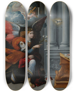 Triptych art skateboard deck of Benvenuto Tisi The Annunciation_1 by Benvenuto Tisi (1481-1559)