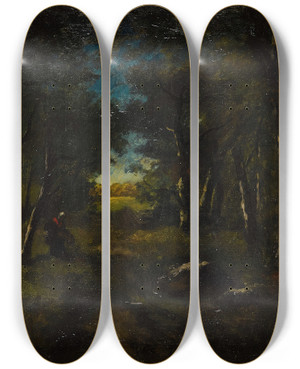 Triptych art skateboard deck of Narcissevirgile Diaz De La Pea Foraging In The Forest by Narcisse-Virgile Diaz de La Pea (1808-1876)