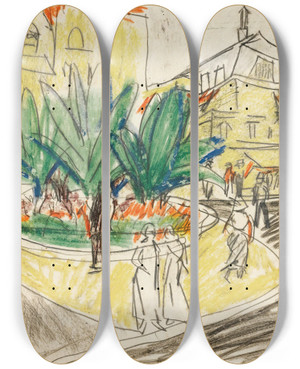 Triptych art skateboard deck of Ernst Ludwig Kirchner The Bosquet In Albertplatz In Dresden by Ernst Ludwig Kirchner (1880-1938)