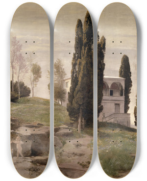 Triptych art skateboard deck of Arnold Bcklin Rest On The Flight Into Egypt by Arnold Bocklin (1827-1901)