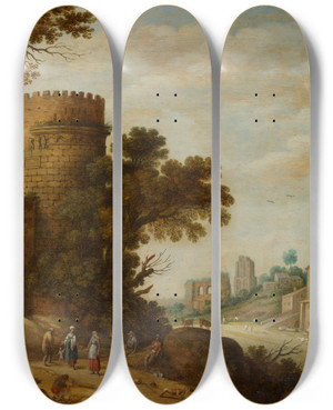 Triptych art skateboard deck of Willem Van Nieulandt The Younger Roman Landscape With Shepherds by Willem van Nieulandt the younger (1584-1635)