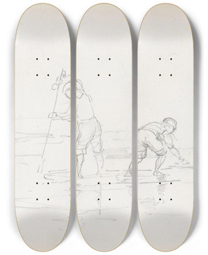 Triptych art skateboard deck of Adolph Tidemand Spydfiske by Adolph Tidemand (1814-1876)