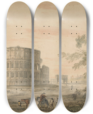 Triptych art skateboard deck of George Robertson Colosseum Rome With Arch To The Left by George Robertson