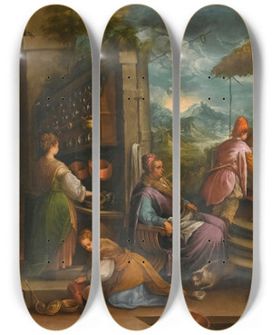 Triptych art skateboard deck of Follower Of Jacopo Da Ponte Supperat Emmaus by Follower of Jacopo da Ponte (1510-1592)