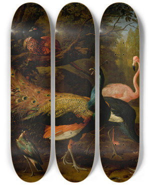Triptych art skateboard deck of Melchior Dhondecoeter Exotic Fowl Including A Peacock And Peahen Flamingo African Crane Pheasant And Lapwing Shoveller Pelican And Tufted Duck by Melchior d'Hondecoeter (1636-1695)