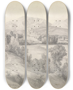 Triptych art skateboard deck of Edmund Kanoldt View Of Benevento by Edmund Kanoldt (1845-1904)