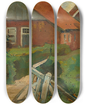 Triptych art skateboard deck of Piet Mondrian Farm Building With Bridge by Piet Mondrian (1872-1944)