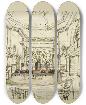 Triptych art skateboard deck of Augustus Charles Pugin Study For Court Of Common Pleas Westminster Hall From Microcosm Of London by Augustus Charles Pugin (1762-1832)