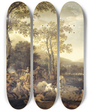 Triptych art skateboard deck of Abraham Van Calraet Cavalry Skirmish by Abraham Van Calraet (1642-1722)