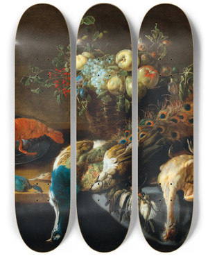 Triptych art skateboard deck of Adriaen Van Utrecht A Still Life With A Peacock Fruit A Lobster And Bird by Adriaen Van Utrecht (1599-1652)