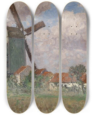Triptych art skateboard deck of Alfred Zoff Windmhle Und Dorf In Belgien by Alfred Zoff (1852-1927)