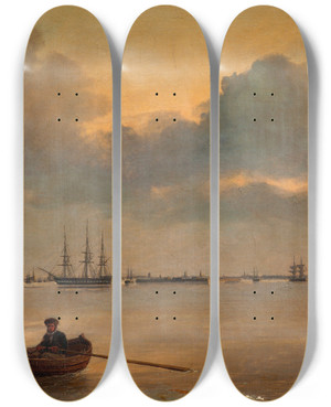 Triptych art skateboard deck of Anton Melbye Quiet Night by Anton Melbye (1818-1875)