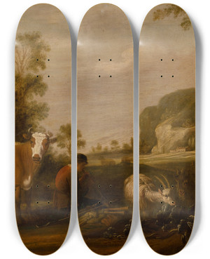 Triptych art skateboard deck of Claes Cornelisz Moeyaert Shepherd Playing Music by Claes Cornelisz Moeyaert (1592-1655)