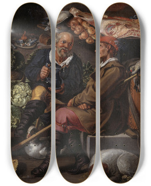 Triptych art skateboard deck of School Of Willem Pieterszoon Buytewech Vegetable Sellers by School Of Willem Pieterszoon Buytewech (1591-1624) Triptych art skateboard deck of School Of Willem Pieterszoon Buytewech Vegetable Sellers by School Of Willem Pieterszoon Buytewech (1591-1624)
