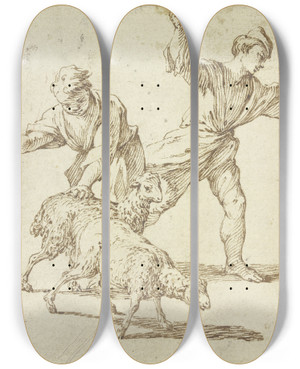 Triptych art skateboard deck of Giovanni Battista Sassi Zwei Hirten Und Zwei Schafe by Giovanni Battista Sassi