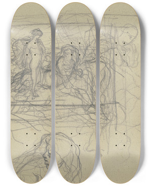 Triptych art skateboard deck of Victor Mller Stehender Weiblicher Akt Neben Einer Sphinx In Einer Landschaft Daneben Frauenkpfe by Victor Muller (1829-1871)
