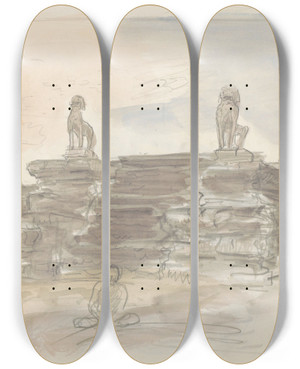 Triptych art skateboard deck of Marius Bauer Trap Geflankeerd Door Beelden Van Leeuwen Bij De Angkor Wat Tempel In Cambodja by Marius Bauer (1867-1932)