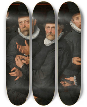 Triptych art skateboard deck of Pieter Pietersz Six Wardens Of The Drapers Guild by Pieter Pietersz (1540-1603)