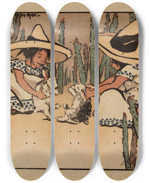 Triptych art skateboard deck of Helen Hyde The Unwilling Dancers by Helen Hyde (1868-1919)