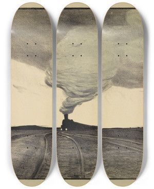 Triptych art skateboard deck of Gustav Kampmann Eisenbahn Am Abend by Gustav Kampmann (1859-1917)