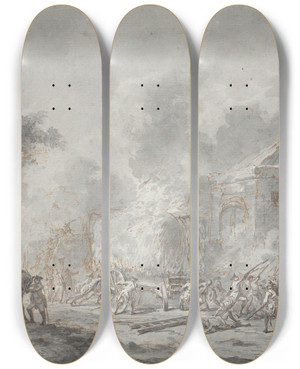 Triptych art skateboard deck of Dirk Langendijk A Skirmish With Soldiers Near A Farm by Dirk Langendijk (1748-1805)