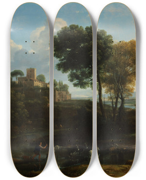 Triptych art skateboard deck of Claude Lorrain Villa In The Roman Campagna by Claude Lorrain (1604-1682)
