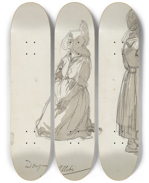 Triptych art skateboard deck of August Alleb Studies Van Een Knielende En Staande Boerin by August Allebe (1838-1927)