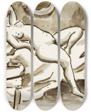 Triptych art skateboard deck of Carl Newman Reclining Female Nude Withtable by Carl Newman (1858-1932)