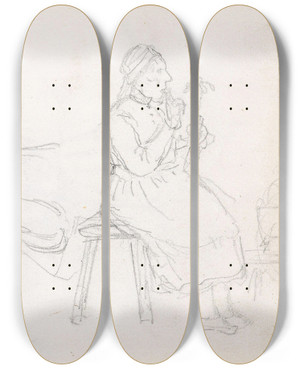 Triptych art skateboard deck of Adolph Tidemand Studier Av Eldre Kvinne by Adolph Tidemand (1814-1876)