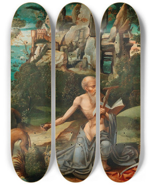 Triptych art skateboard deck of Workshop Of Joachim Patinir Saint Jerome In The Wilderness by Workshop Of Joachim Patinir (1485-1524)
