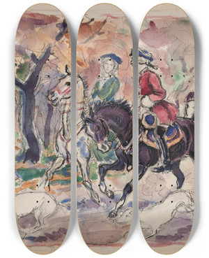 Triptych art skateboard deck of Ivan Ivanec Scena Rodzajowa Para W Strojach Z Po Xviii W Na Koniach Jadca Przez Las by Ivan Ivanec (1893-1946)