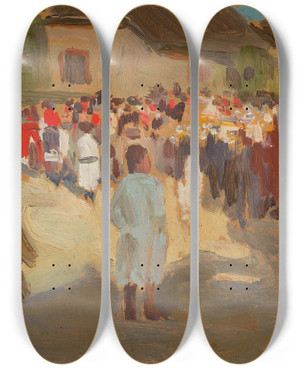 Triptych art skateboard deck of Teodor Ziomek In The Village On Sunday by Teodor Ziomek (1874-1937)