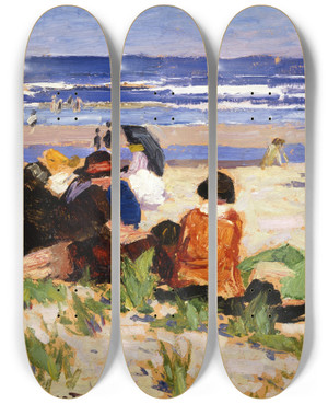 Triptych art skateboard deck of Edward Henry Potthast On The Beach Ogunquit Maine by Edward Henry Potthast (1857-1927)