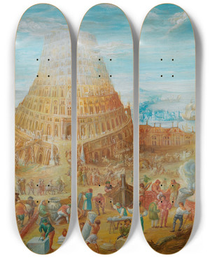 Triptych art skateboard deck of Friedrich Brentel The Tower Of Babel by Friedrich Brentel (1580-1651)